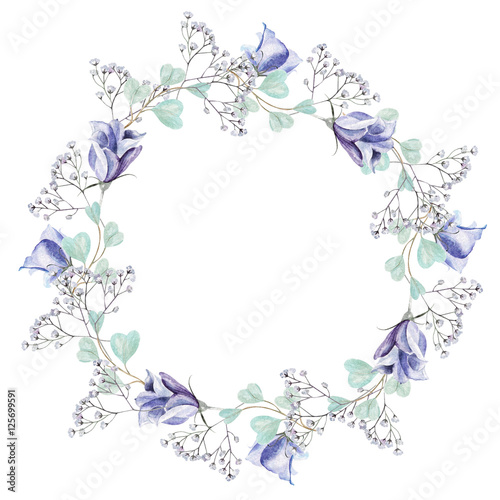 Beautiful watercolor wreath with eucalyptus branches and flowers eustomiya. Illustrations.