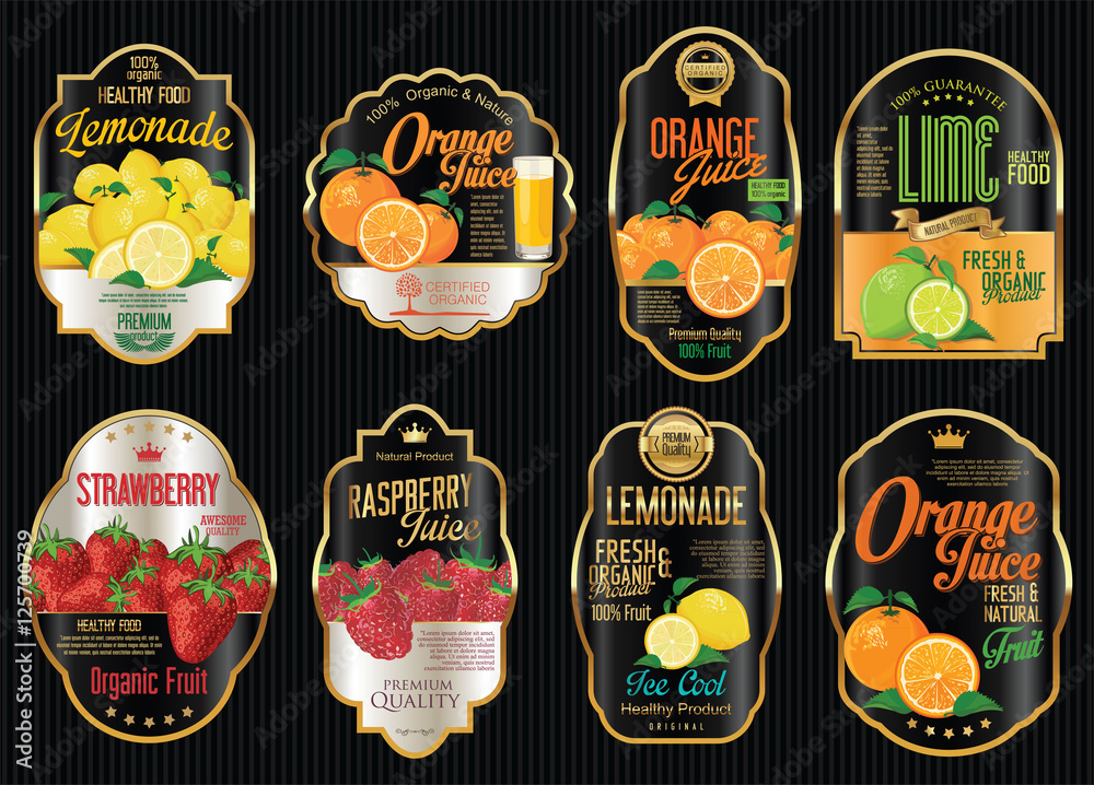Set of organic fruit retro vintage golden labels collection