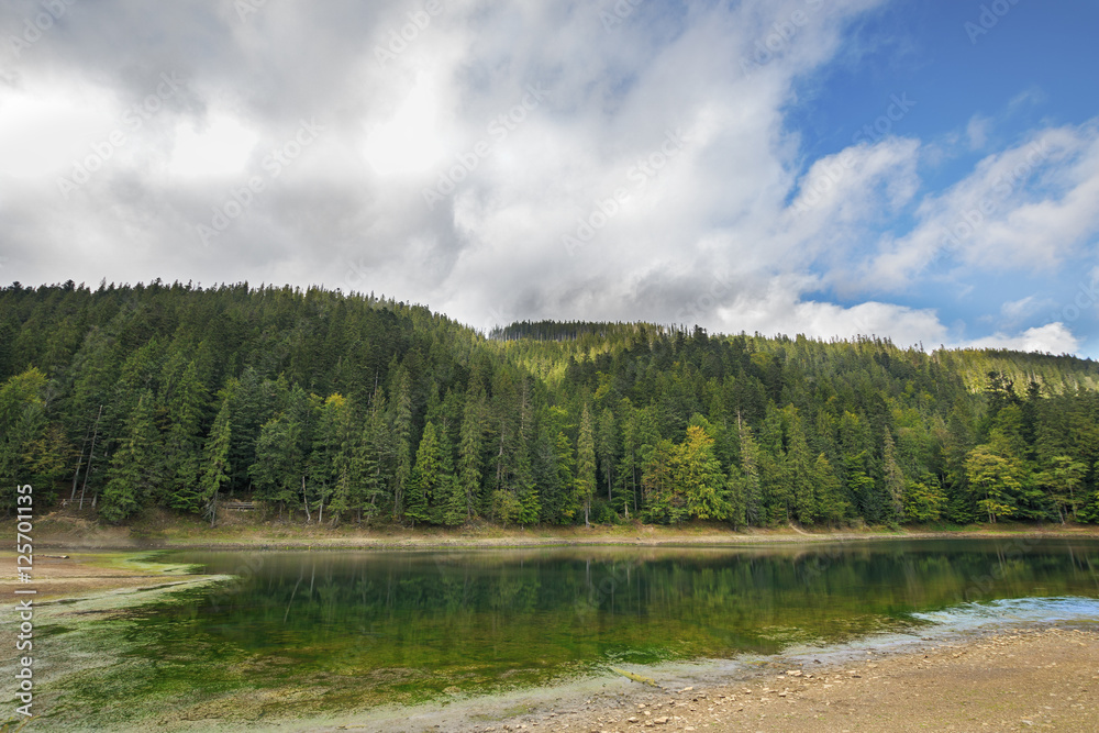 Mountain lake Synevir with forest reflection in the water and a cloudy autumn sky
