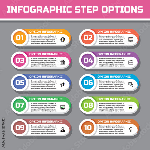 Business infographic concept - horizontal colored banners - vector layout for presentation, brochure, website and other projects. Infograph numbered step options. Icons set.