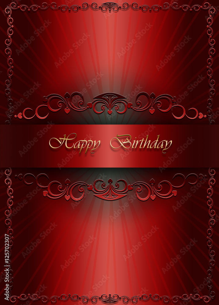 Greetings card with gold Happy Birthday on red gradient background
