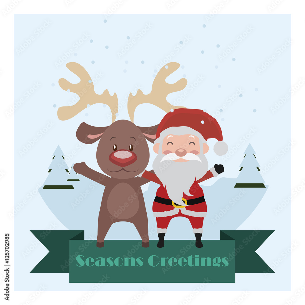Santa and reindeer banner with snow scene background