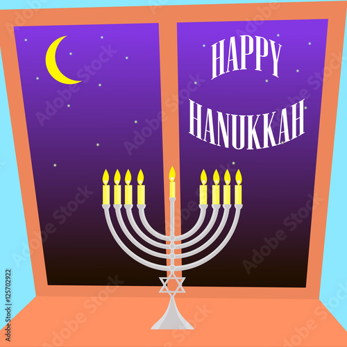 Happy Hanukkah greeting card design. Candlestick stands on the windowsill