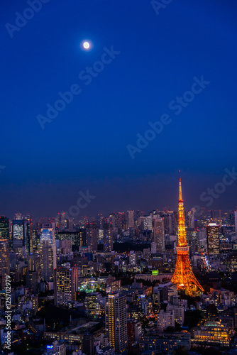 Red Tokyo tower with the moon in the twilight scene and city view