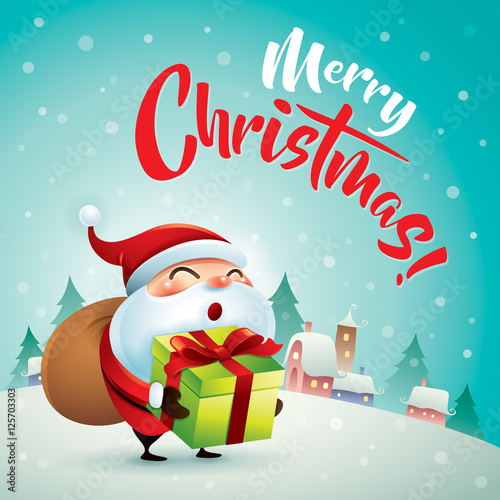 Merry Christmas  Santa Claus in Christmas snow scene. Christmas greeting card.