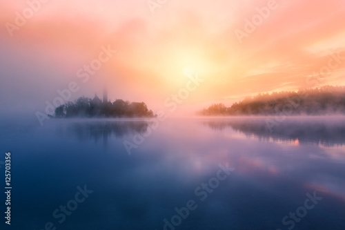 Amazing sunrise at the lake Bled in autumn, Slovenia