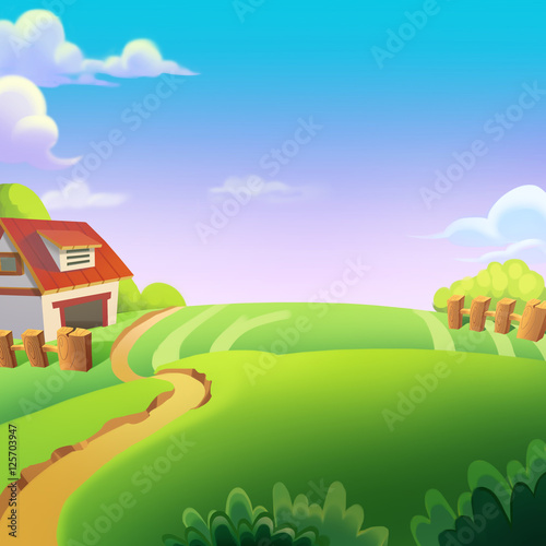 Beautiful Farm on the Sunny Day under the Green Hill. Video Game's Digital  CG Artwork, Concept Illustration, Realistic Cartoon Style Background Stock  Illustration | Adobe Stock