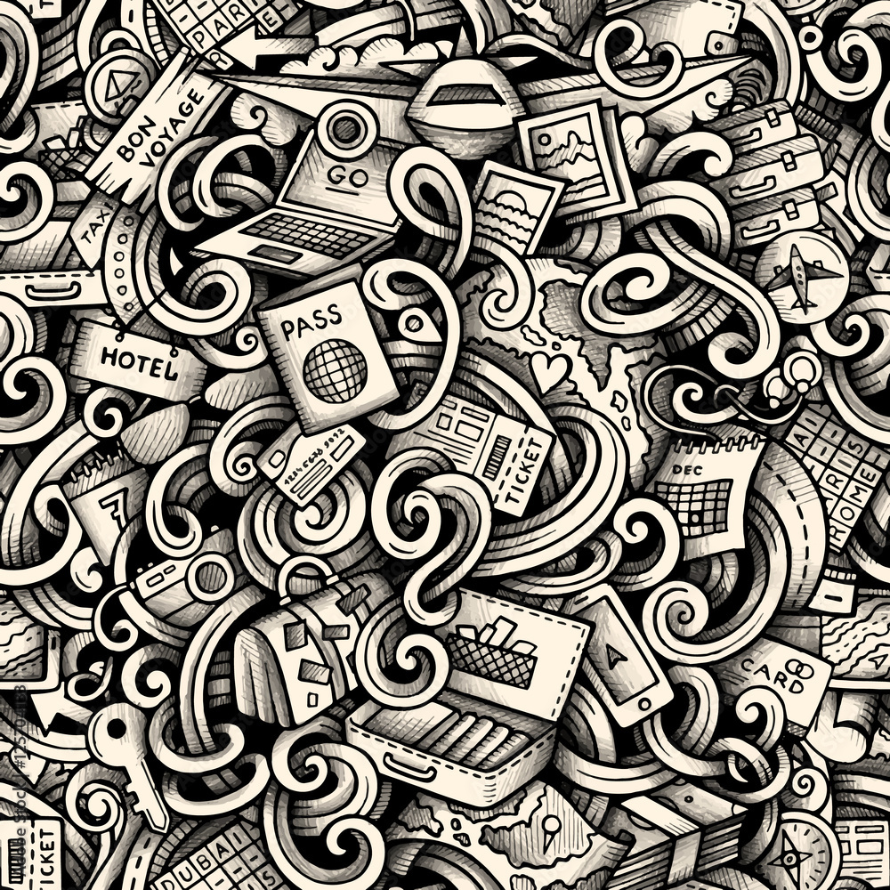 Cartoon doodles Travel season trace seamless pattern Cartoon doodles Travel season trace seamless pattern