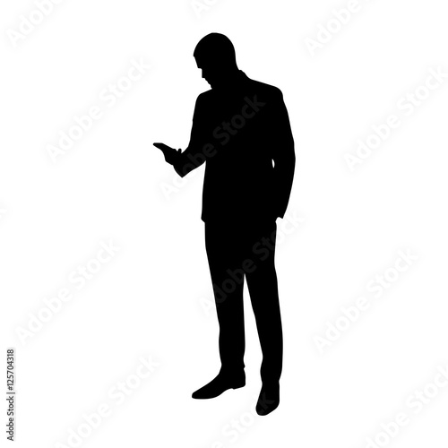 Business man with cell phone in his hand, vector silhouette. Sta