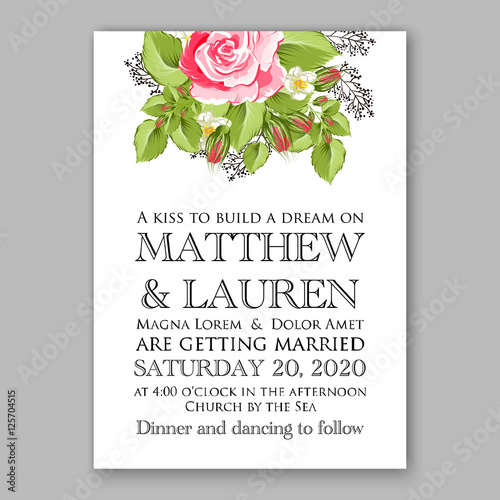 Wedding invitation template design wreath rose Romantic pink rose bridal bouquet 