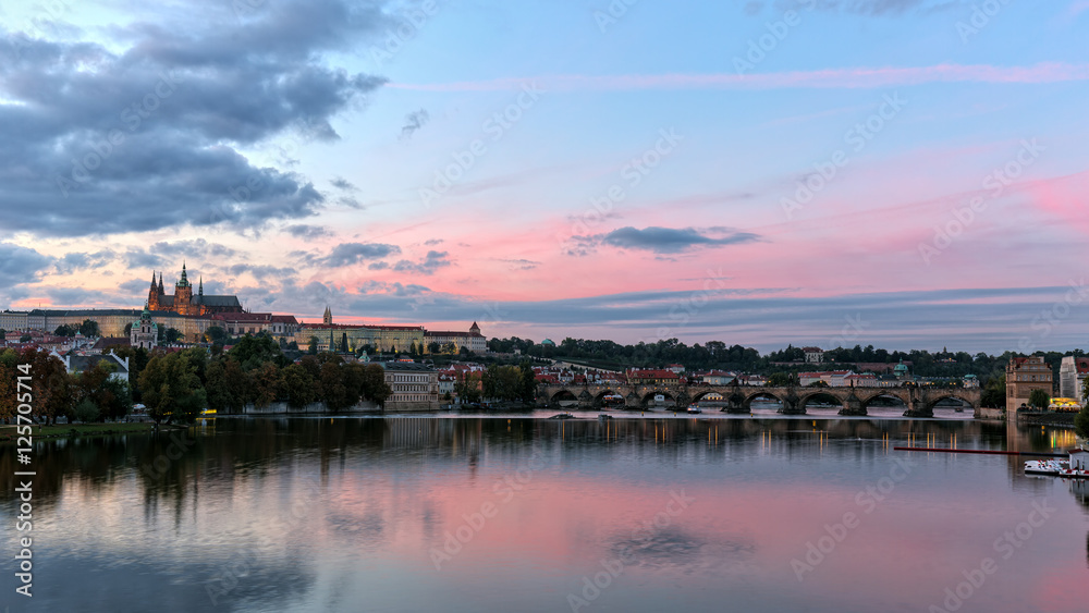 The view from the river Vltava at Charles Bridge and Prague Castle