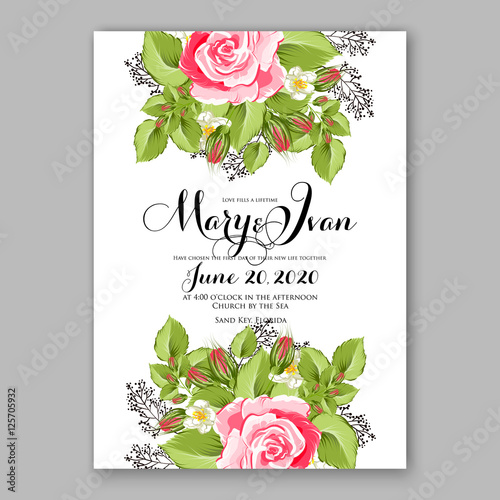 Wedding invitation template design wreath rose Romantic pink rose bridal bouquet 