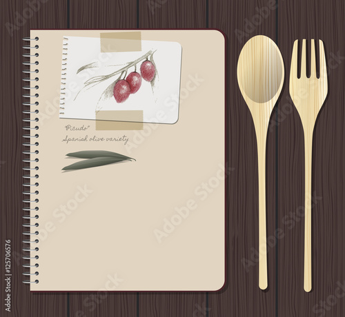 Recipes notebook and olives hand drawn: "Hojiblanca" Spanish olive variety