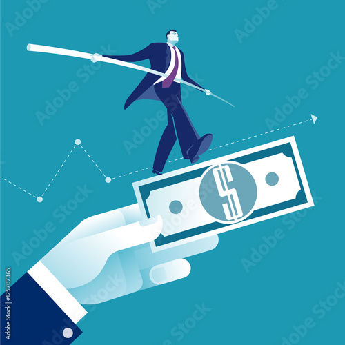 Balance. Manager balancing on the dollar banknote. Concept business vector illustration
