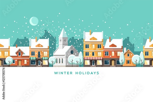 Urban winter landscape. Snowy street. Christmas card Happy Holidays banner. Vector illustration flat design. © faber14