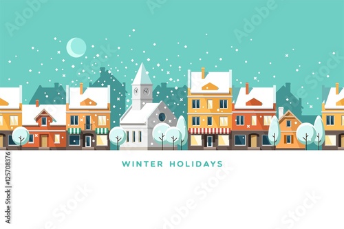 Urban winter landscape. Snowy street. Christmas card Happy Holidays banner. Vector illustration flat design.