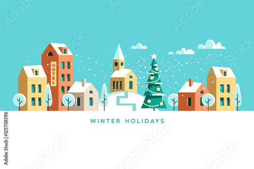 Snowy street. Urban winter landscape. Christmas card Happy Holidays banner. Vector illustration flat design.
