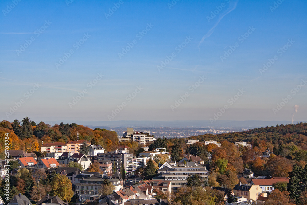 View from the castle ruin Koenigstein to the autumnal Rhein Main Ebene, Hesse, Germany