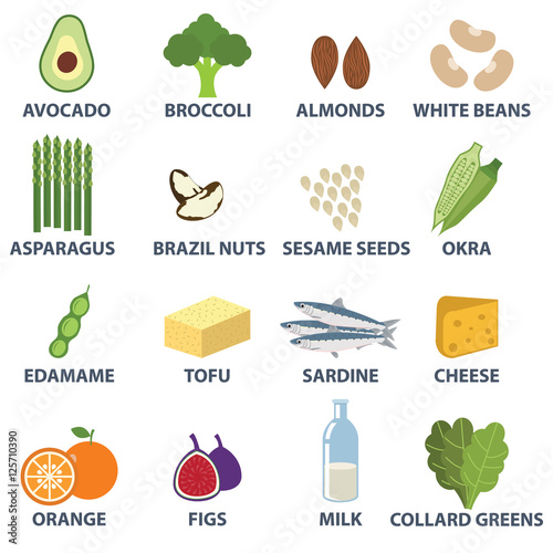 Set of food with high calcium. vitamins and minerals foods. food for seniors concept. vector flat icons graphic design. healthcare illustration.