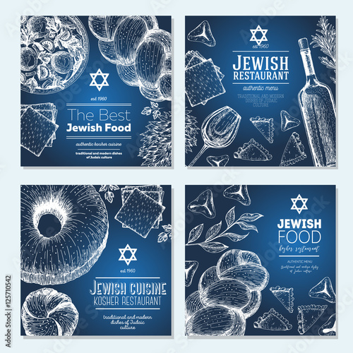 Jewish food banner set. Jewish food square banner collection. Linear graphic.