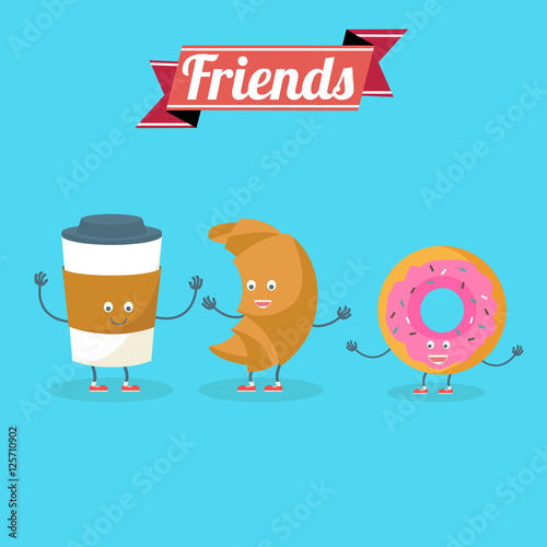 Vector cartoons of comic characters coffee and croissant. Friends forever. Breakfast