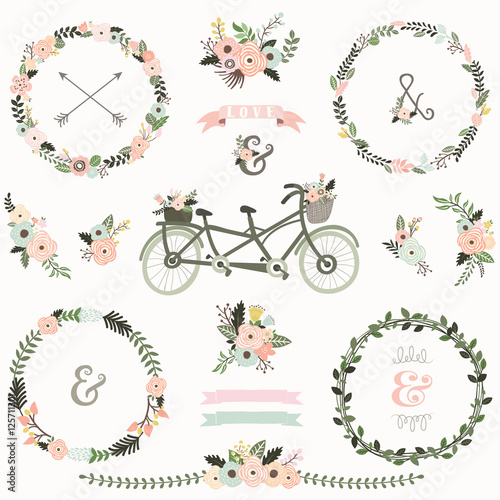 Vintage Floral Bicycles Elements