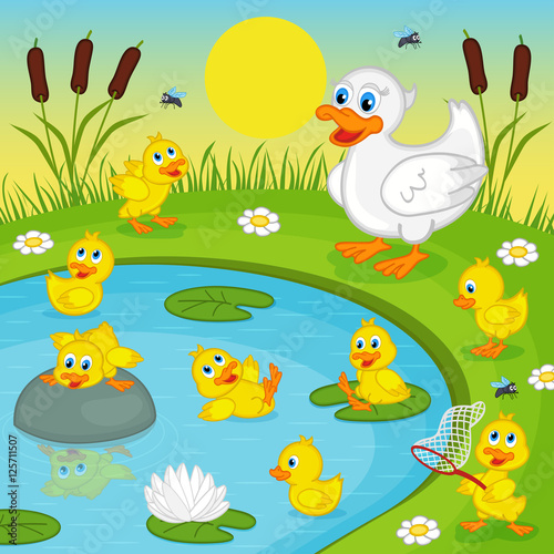 ducklings with mother duck playing in lake - vector illustration, eps
