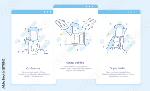 Premium Quality Line Icon And Concept Set Onboarding: Conference, Online training, Super leader, Businessman.