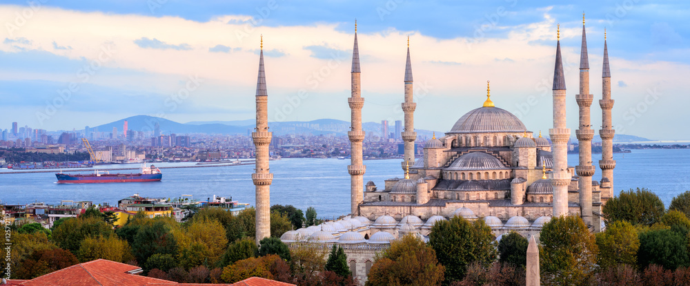 Naklejka premium Błękitny Meczet i panorama Bosforu, Stambuł, Turcja