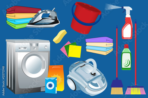 Cleaning supplies and household equipment tools, laundry service. Set. Vector illustration.