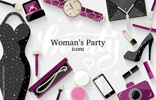 Evening woman's accessories and cosmetics. Flat design.