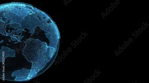 World map on a black background with sparkling particles on the surface4k loop of rotating glowing dots stylised world globe with orbits with copyspace