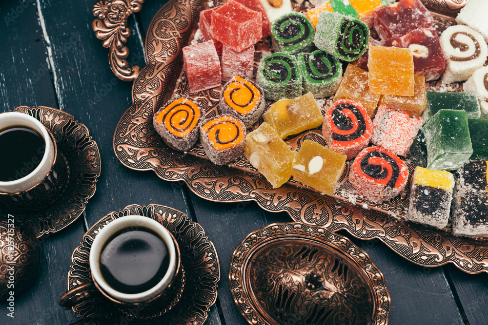 traditional eastern desserts on wooden background