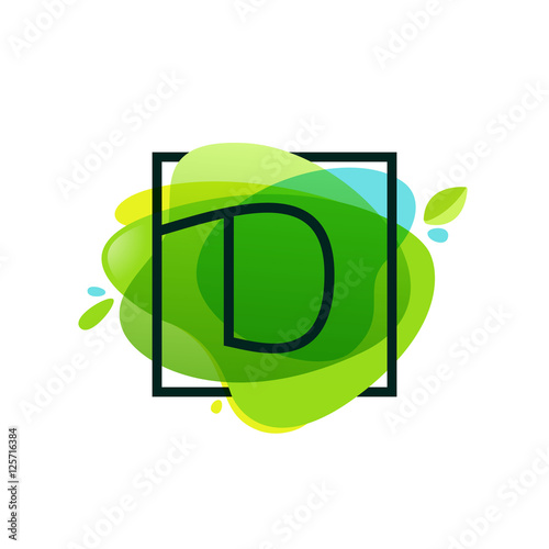 D letter logo in square frame at green watercolor splash backgro