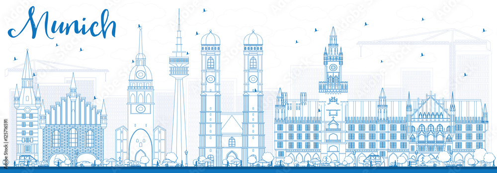 Outline Munich Skyline with Blue Buildings.