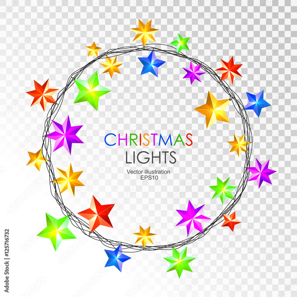 Round colorful christmas stars lights isolated on transparent