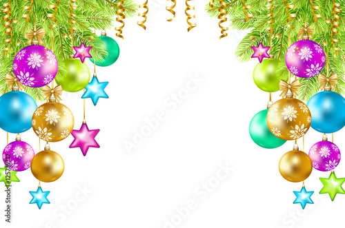 Colorful Christmas balls, stars, serpentine and fir-tree isolated on white background. Christmas background. Vector illustration.