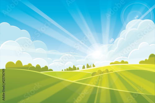 Sunrise summer or spring landscape - vector illustration 