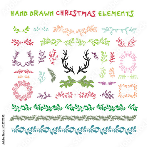 Hand drawn set of colorful wreaths, ribbons, laurel and labels o