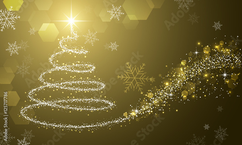 Christmas card with snowflakes, christmas tree, snowdrift and glitter.