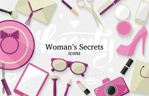 Woman's accessories and cosmetics. Flat design.