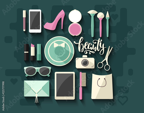 Woman's accessories and cosmetics. Flat design.