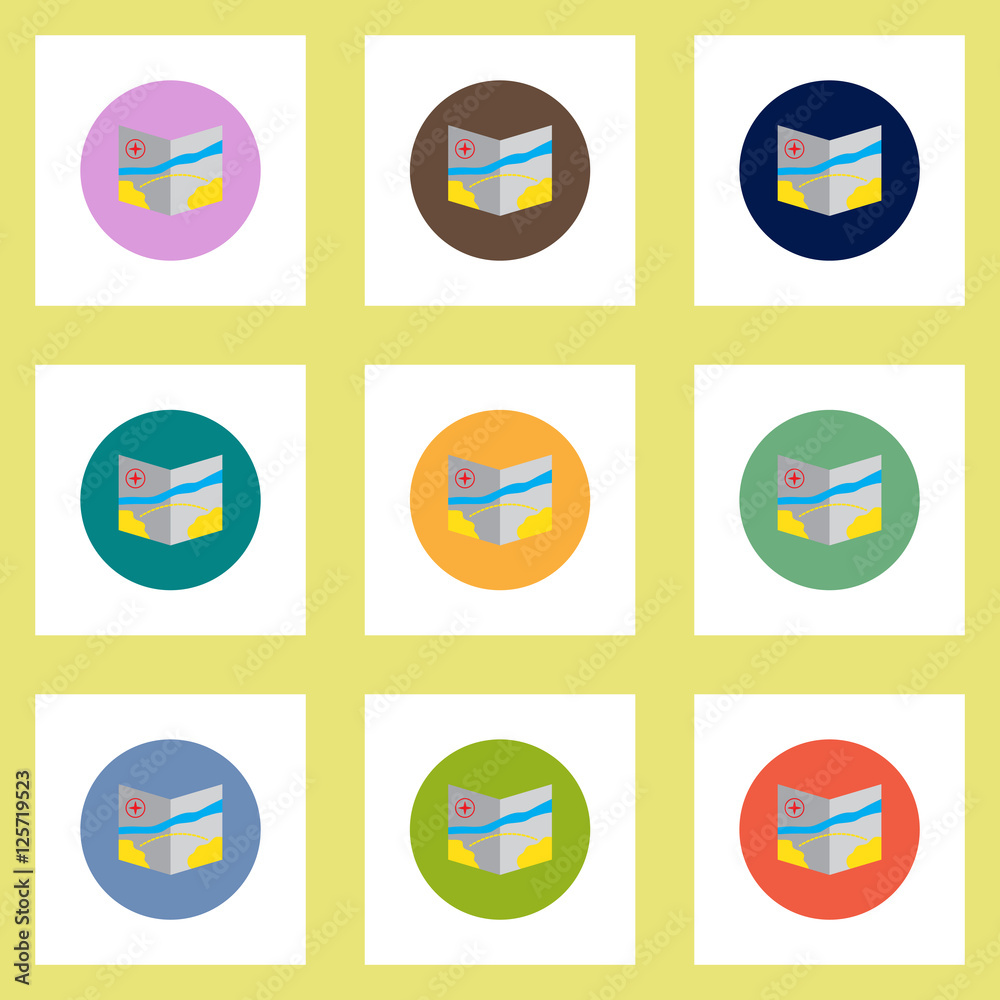 Fototapeta premium Collection of stylish vector icons in colorful circles tourist map