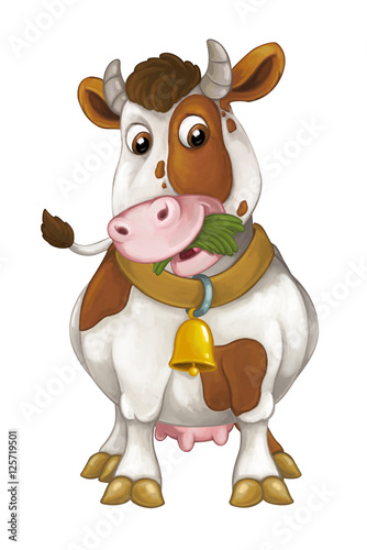 Cartoon happy cow is standing resting looking and eating grass - artistic style - isolated background - illustration for children