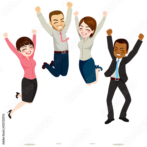 Happy business workers jumping celebrating success achievement