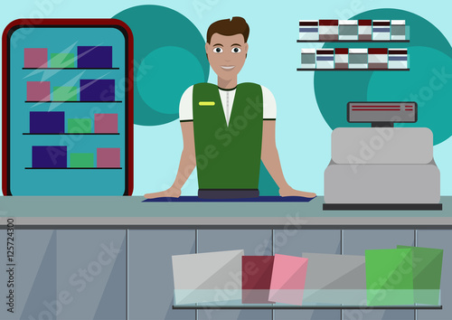 Supermarket store counter desk equipment and clerk in uniform.