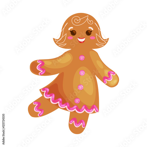 set christmas cookies gingerbread man and girl near sweet house decorated with icing dancing and having fun in a cap with the Christmas tree and gifts, xmas sweet food vector illustration