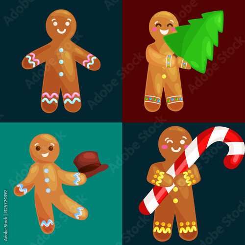 set christmas cookies gingerbread man decorated with icing dancing and having fun in hat with the Christmas tree and gifts, xmas sweet food vector illustration