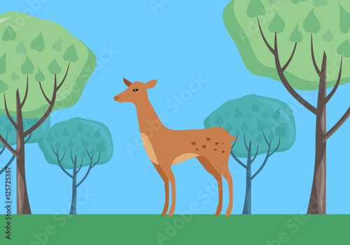 Fallow-deer in Habitat Flat Design Illustration 