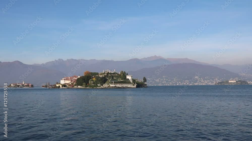View of three Borromeo islands in fall at Lake Maggiore, Piedmont Italy View of three Borromeo islands in fall at Lake Maggiore, Piedmont Italy